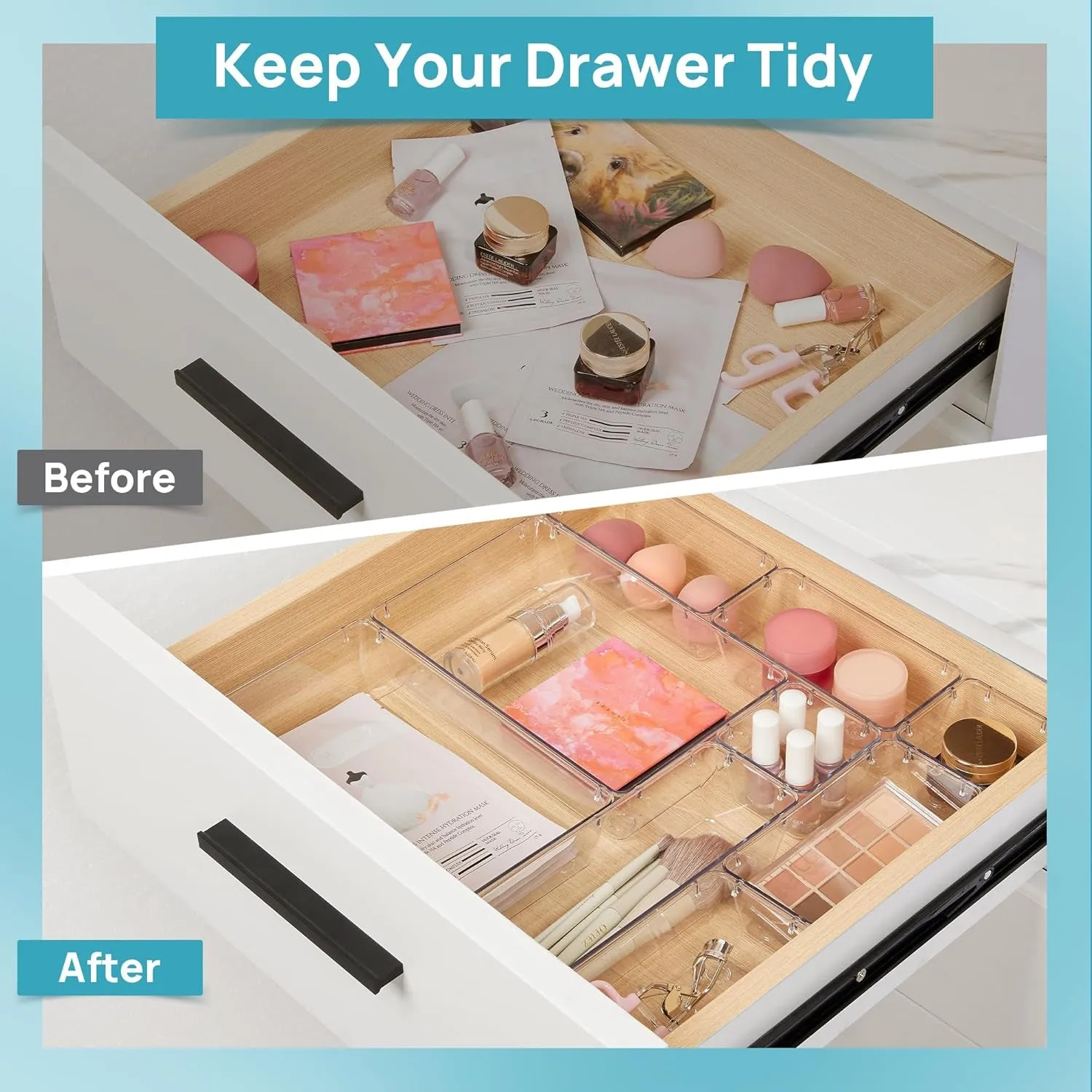10 Pcs Makeup Drawer Organizer Bins Set, 4 Size Plastic Makeup and Vanity Organizer Trays, Clear Acrylic Vanity Storage Containers for Cosmetics, Toiletries, Jewelry, Gadgets, Office Supply