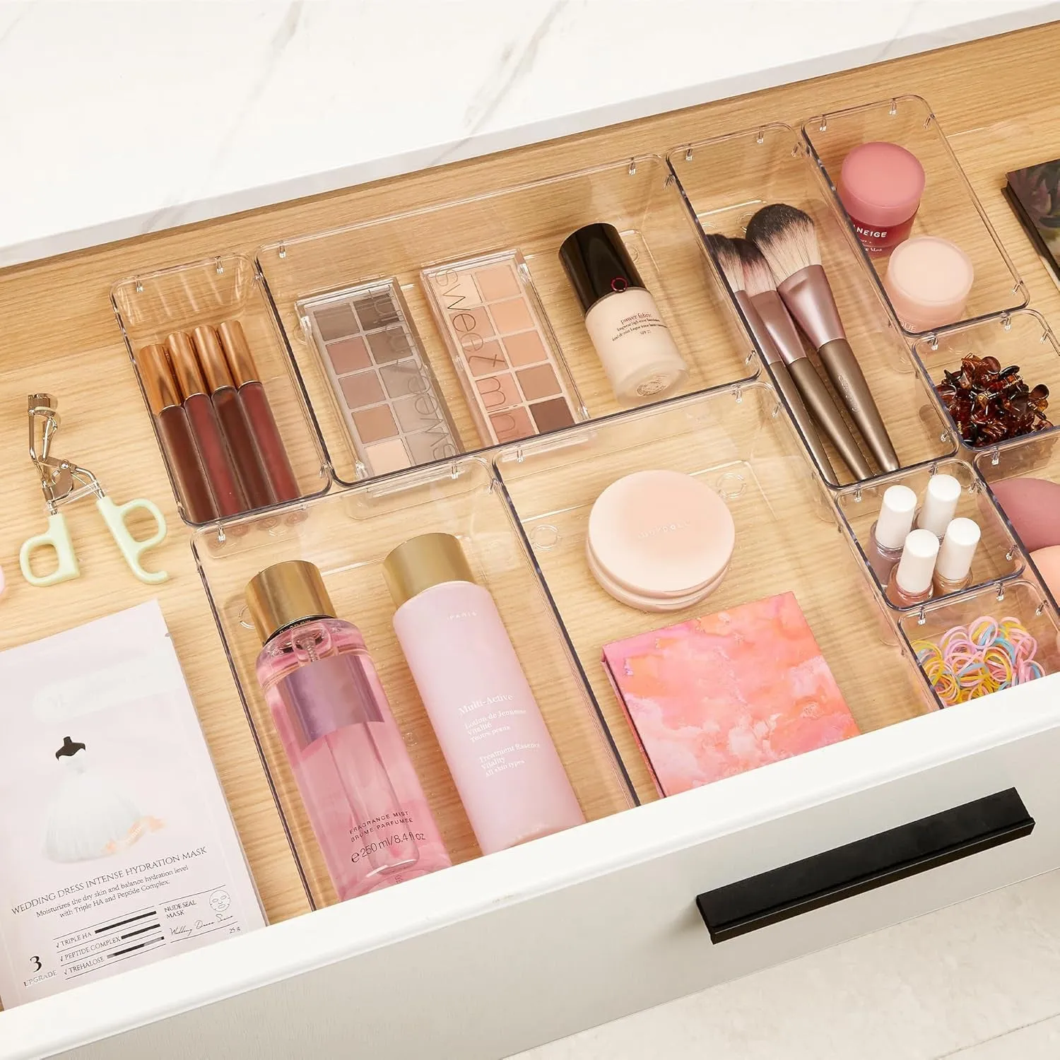 10 Pcs Makeup Drawer Organizer Bins Set, 4 Size Plastic Makeup and Vanity Organizer Trays, Clear Acrylic Vanity Storage Containers for Cosmetics, Toiletries, Jewelry, Gadgets, Office Supply