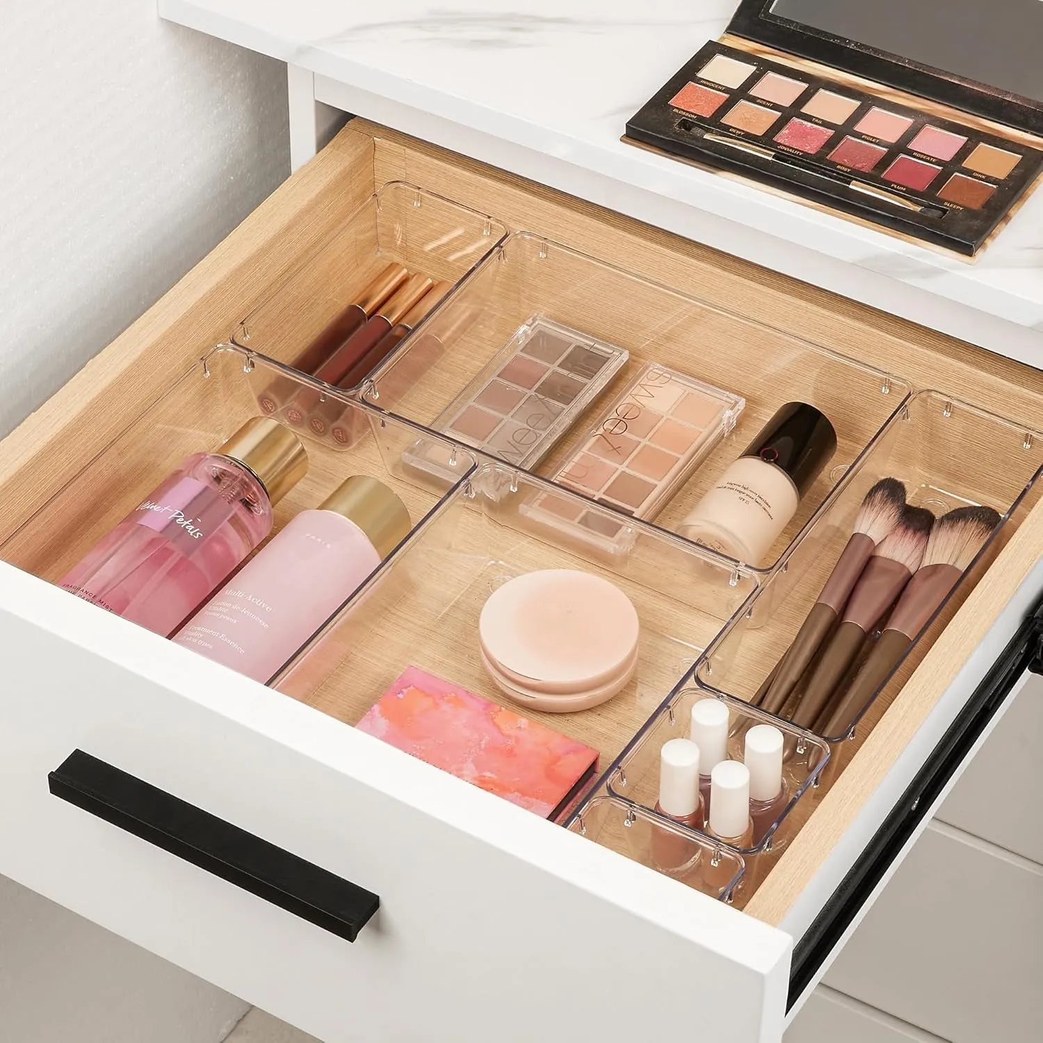 10 Pcs Makeup Drawer Organizer Bins Set, 4 Size Plastic Makeup and Vanity Organizer Trays, Clear Acrylic Vanity Storage Containers for Cosmetics, Toiletries, Jewelry, Gadgets, Office Supply