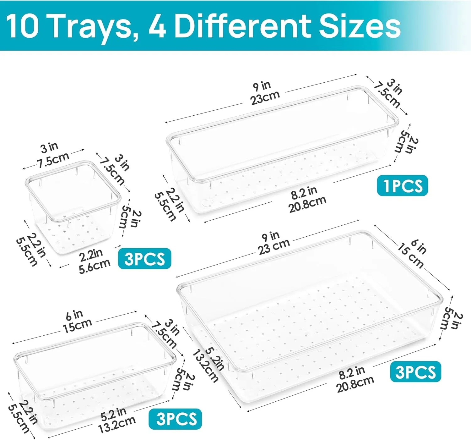 10 Pcs Makeup Drawer Organizer Bins Set, 4 Size Plastic Makeup and Vanity Organizer Trays, Clear Acrylic Vanity Storage Containers for Cosmetics, Toiletries, Jewelry, Gadgets, Office Supply