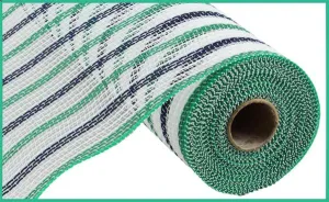 10" Faux Jute Stripe Mesh: White, Emerald, Navy (10 Yards) RY8338CC