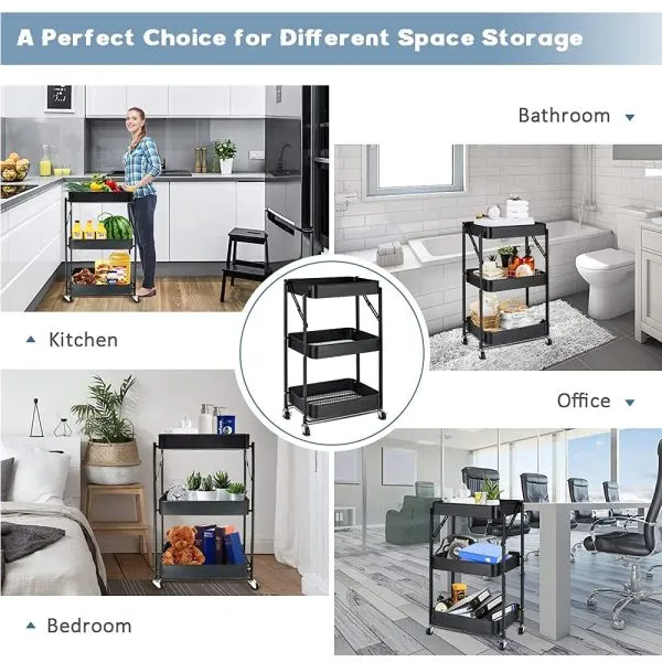 3-Layer Metal Foldable Storage Organizer Trolley with Wheels