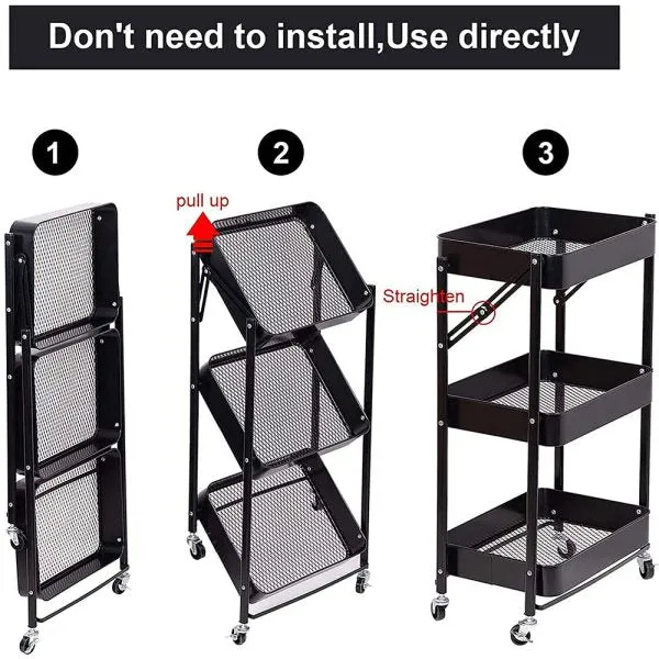 3-Layer Metal Foldable Storage Organizer Trolley with Wheels