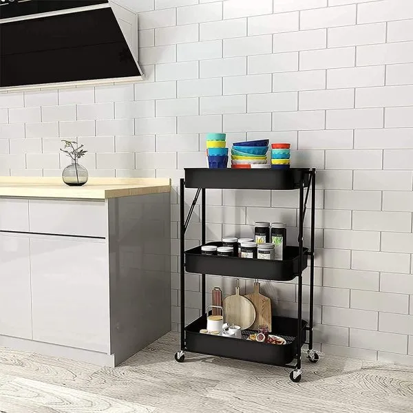 3-Layer Metal Foldable Storage Organizer Trolley with Wheels