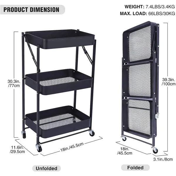 3-Layer Metal Foldable Storage Organizer Trolley with Wheels