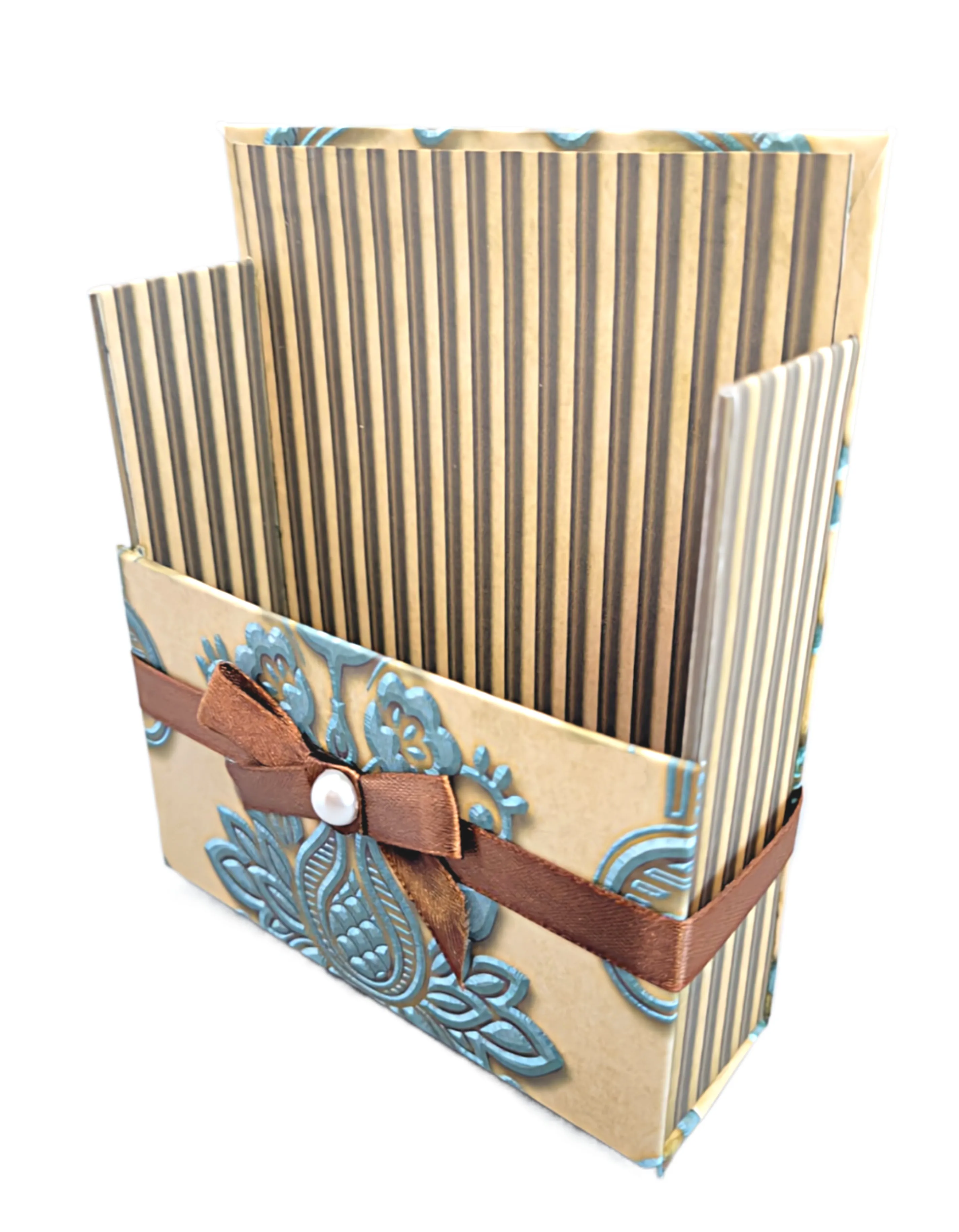 42-Pc Stationery For Him Gift Box Set w/Reusable Desktop Organizer Box and Gold Pen - Gentleman's Embossed Blue, Brown & Gold