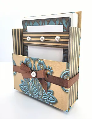 42-Pc Stationery For Him Gift Box Set w/Reusable Desktop Organizer Box and Gold Pen - Gentleman's Embossed Blue, Brown & Gold