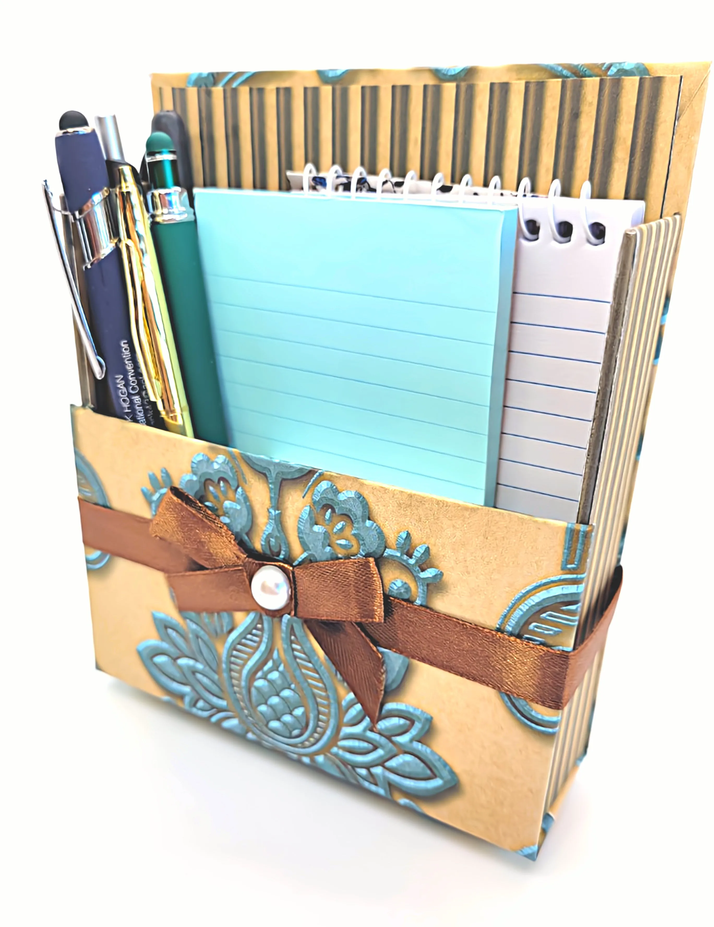 42-Pc Stationery For Him Gift Box Set w/Reusable Desktop Organizer Box and Gold Pen - Gentleman's Embossed Blue, Brown & Gold