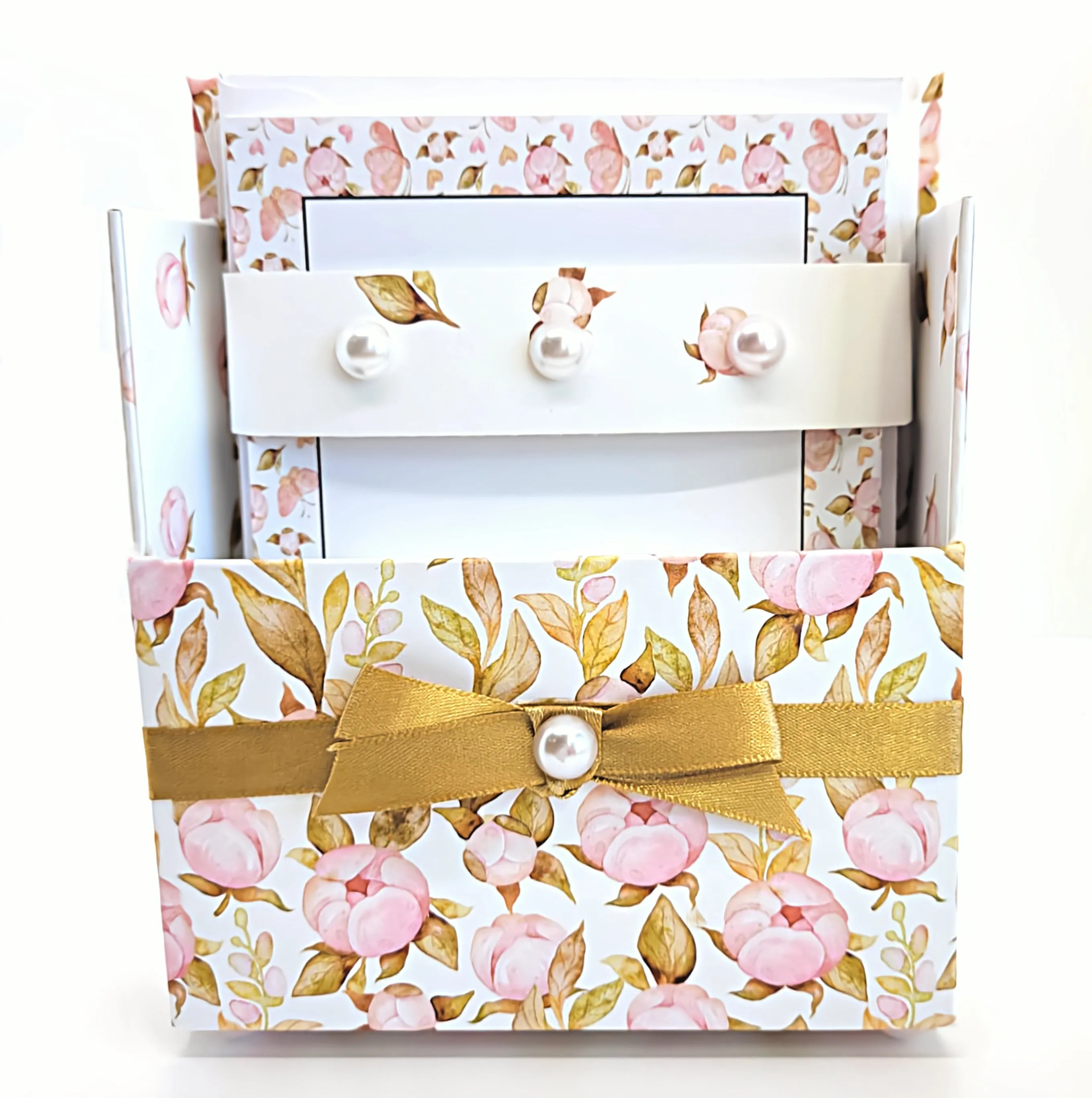 42-Pc Stationery Gift Box Set w/Reusable Desktop Organizer Box and Gold Pen - Pink Magnolias