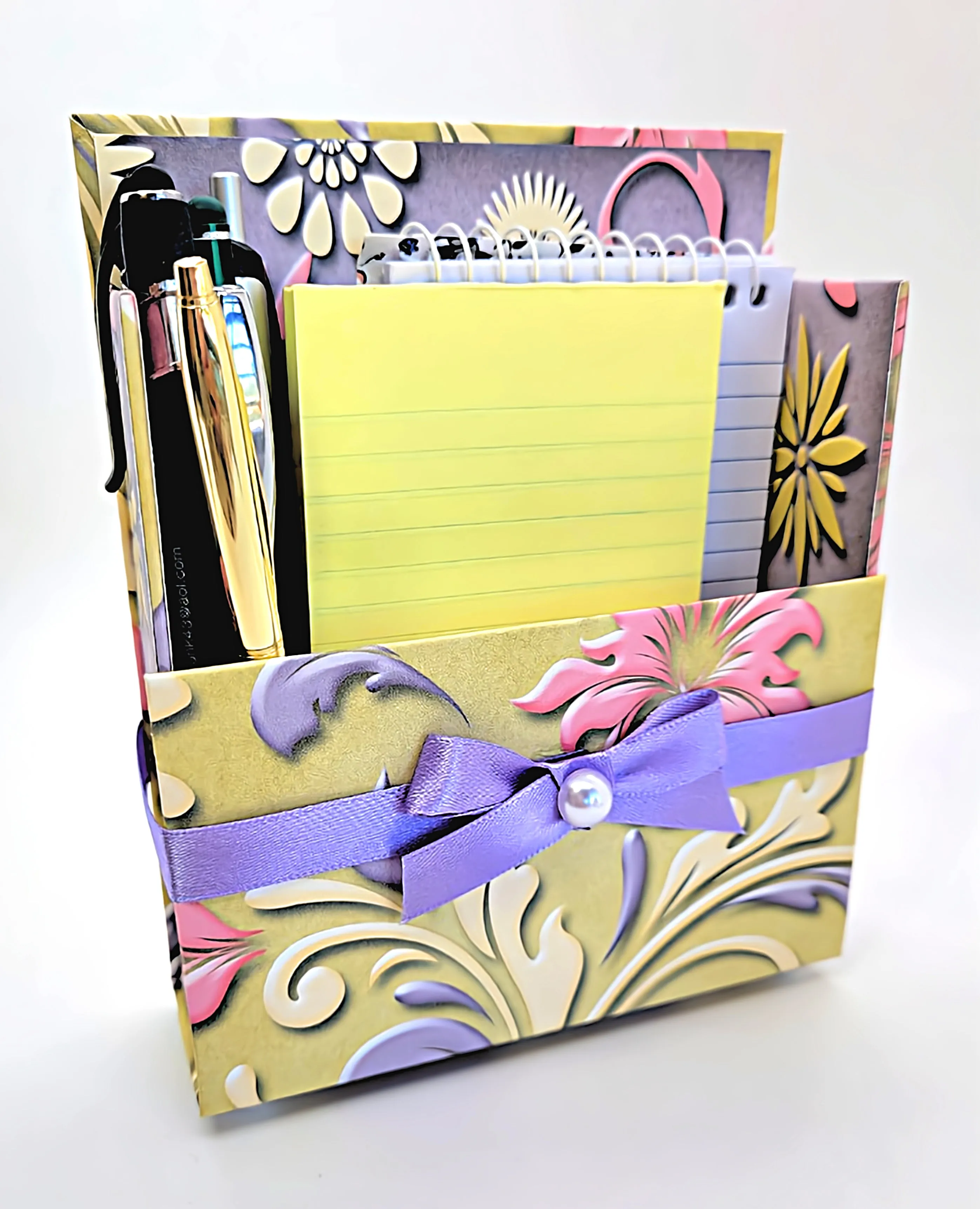42-Pc Stationery Gift Box Set w/Reusable Desktop Organizer Box and Gold Pen - Pink, Purple, Ivory