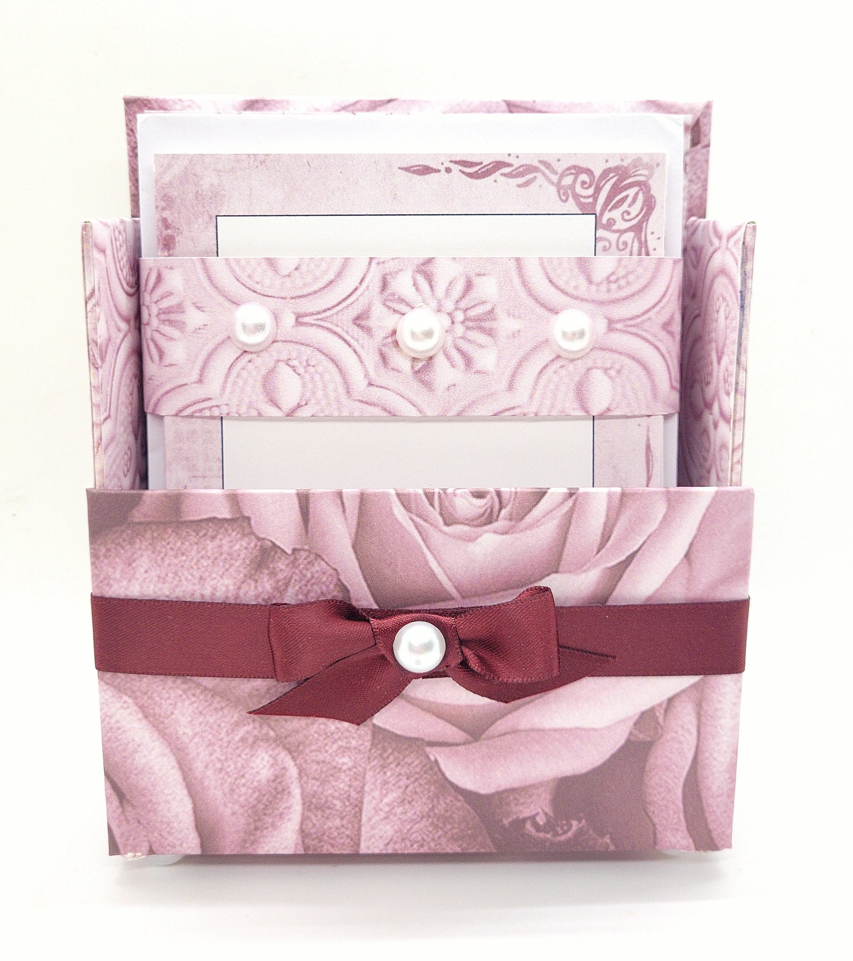 42-Pc Stationery Gift Box Set w/Reusable Desktop Organizer Box and Gold Pen - Vintage Burgundy Roses