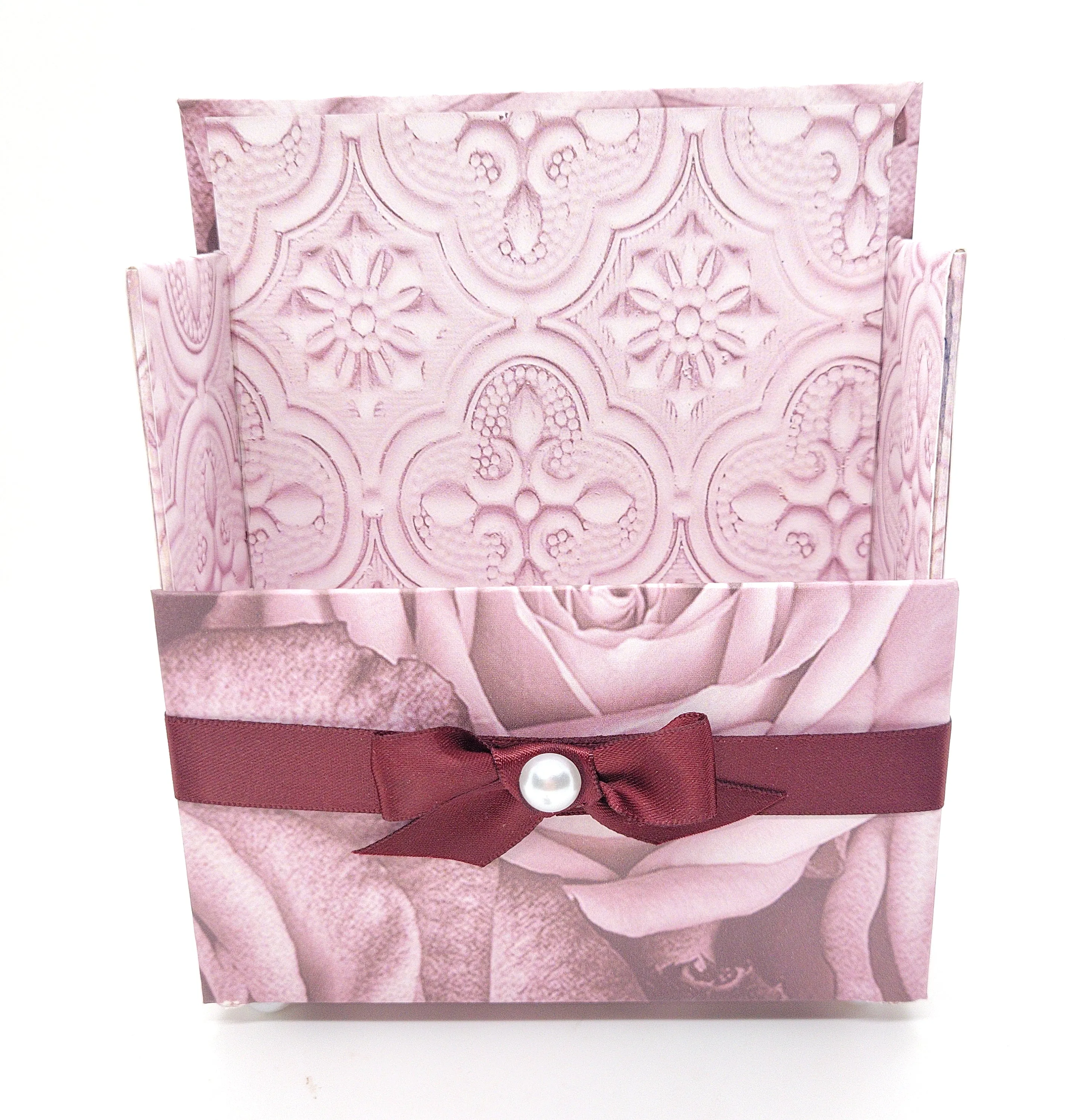 42-Pc Stationery Gift Box Set w/Reusable Desktop Organizer Box and Gold Pen - Vintage Burgundy Roses