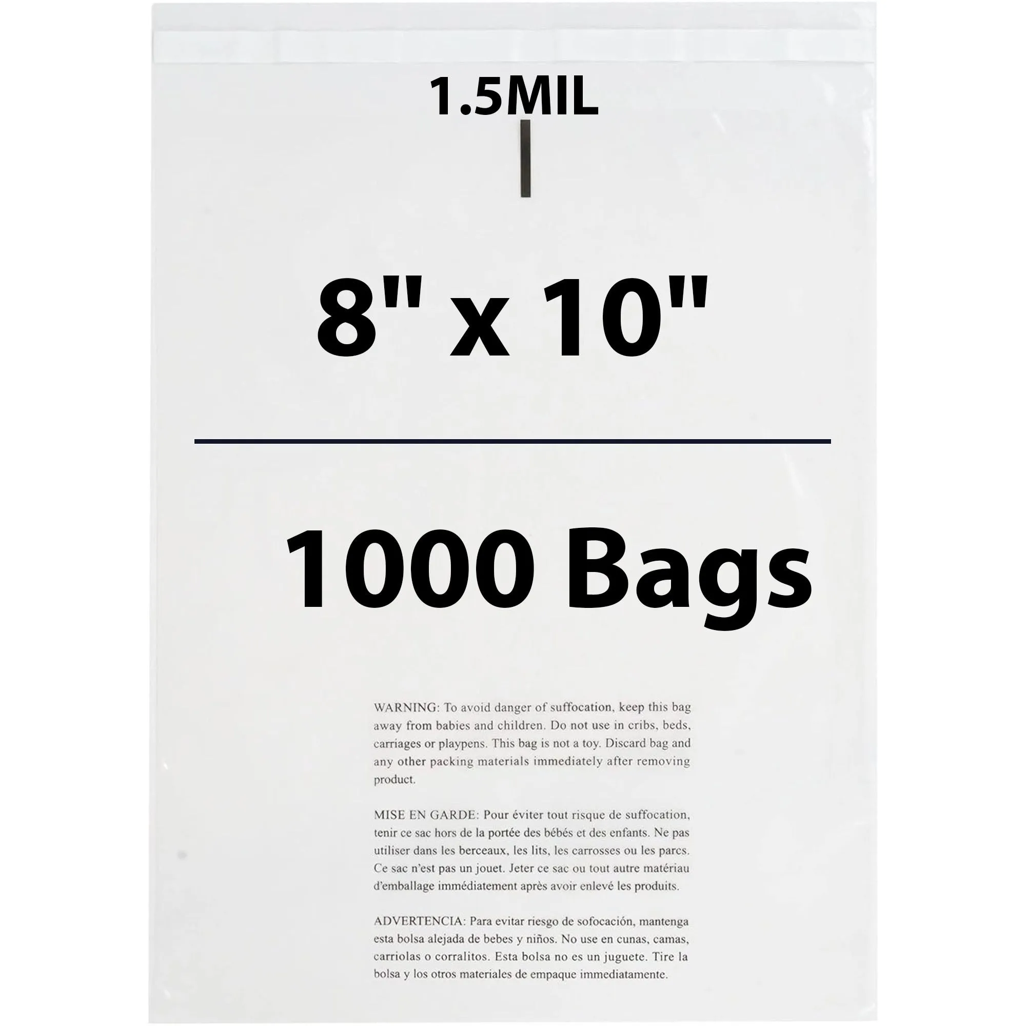 8X10 Inches Poly Bags With Suffocation Warning  1.5 Mil Lip and Tape