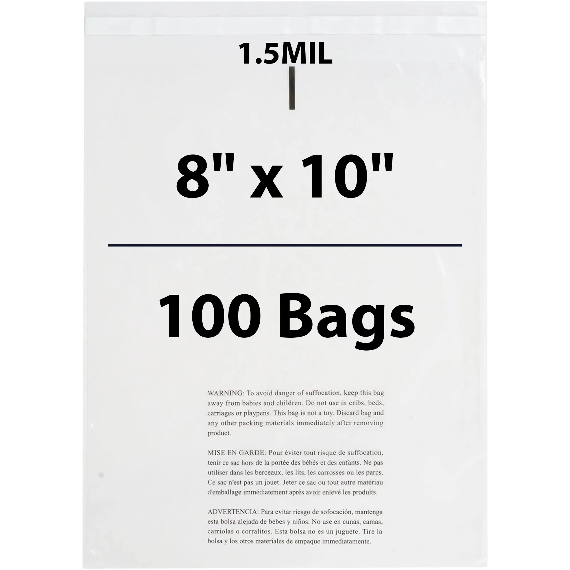 8X10 Inches Poly Bags With Suffocation Warning  1.5 Mil Lip and Tape