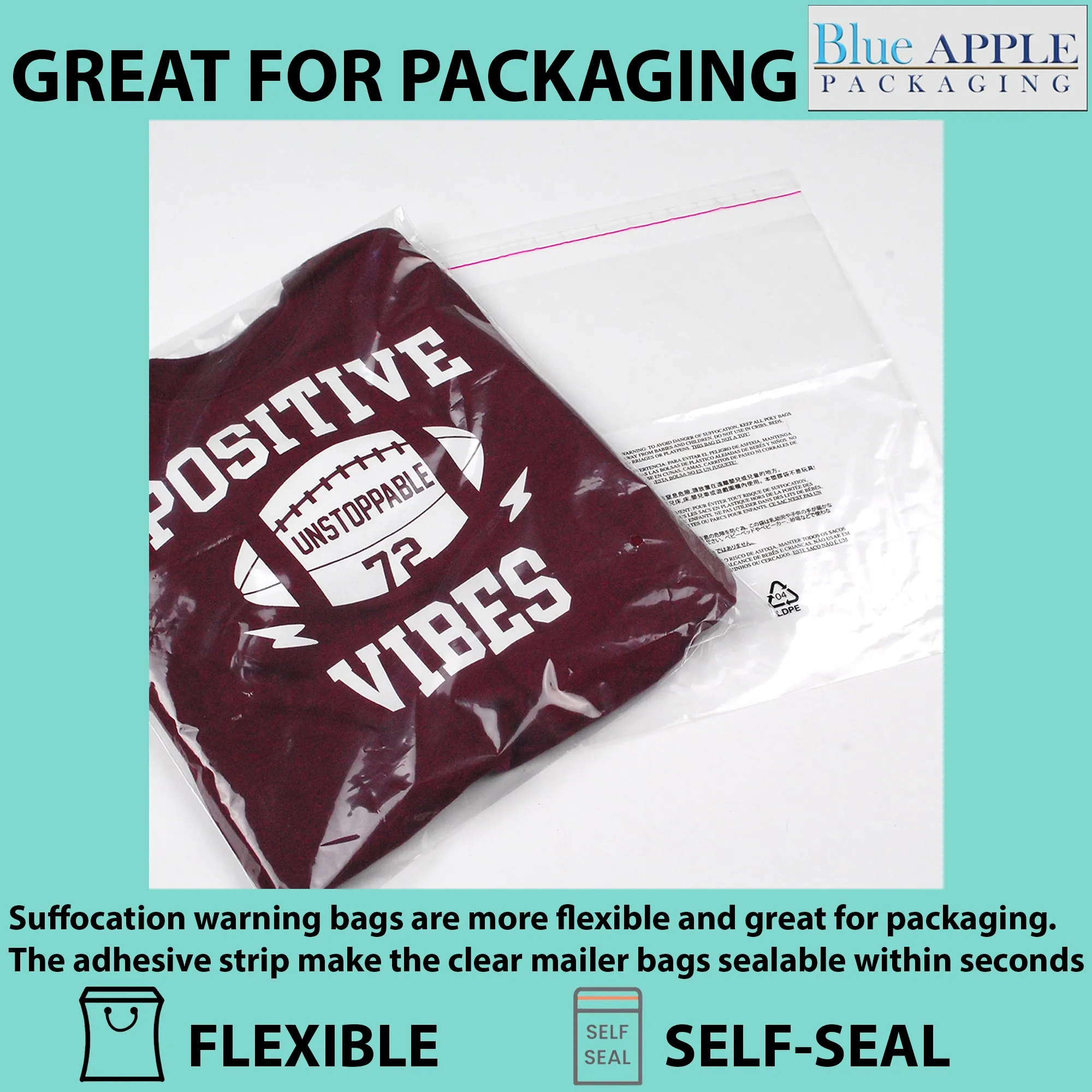 8X10 Inches Poly Bags With Suffocation Warning  1.5 Mil Lip and Tape