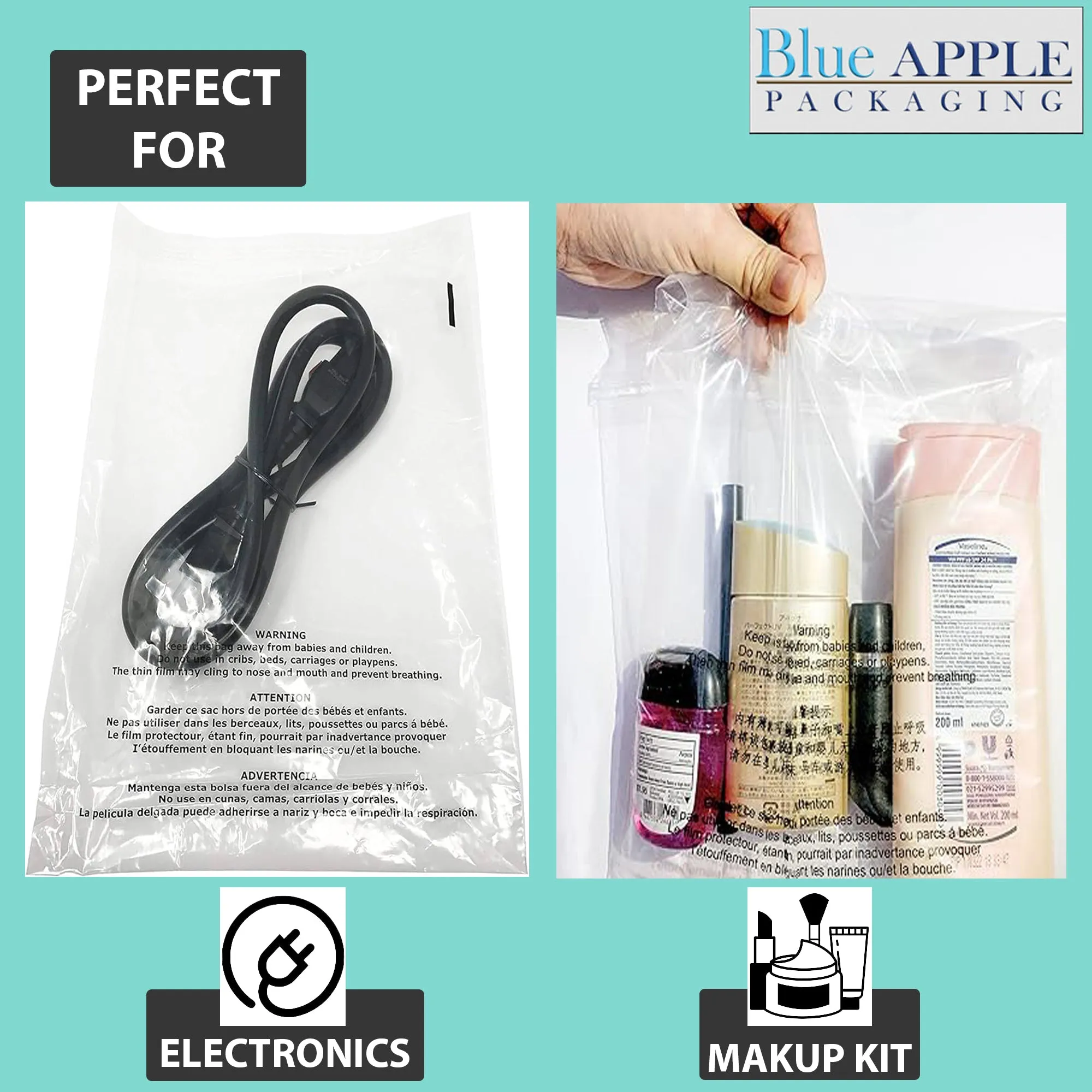 8X10 Inches Poly Bags With Suffocation Warning  1.5 Mil Lip and Tape