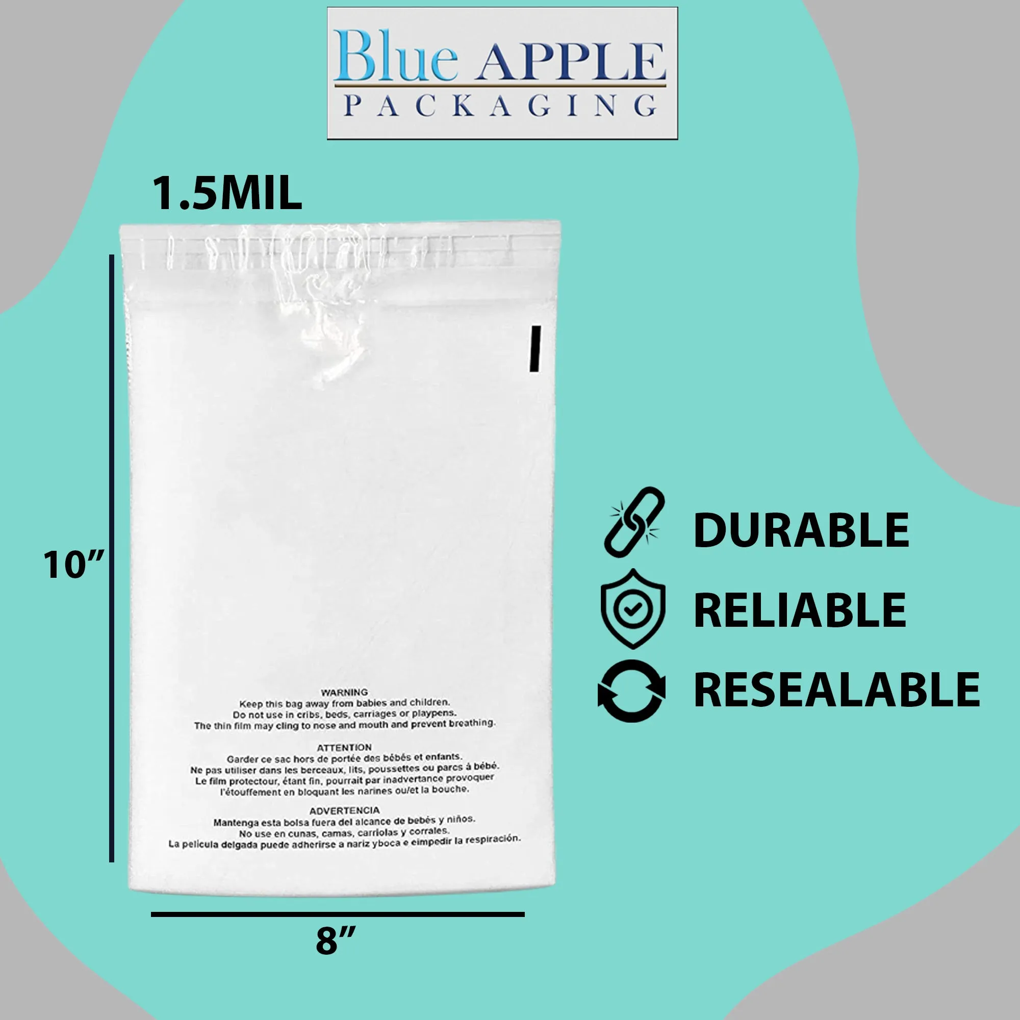 8X10 Inches Poly Bags With Suffocation Warning  1.5 Mil Lip and Tape