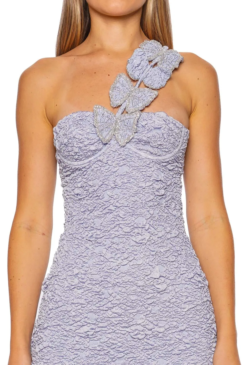Blue Papillon Jacquard One Shoulder Mini Dress