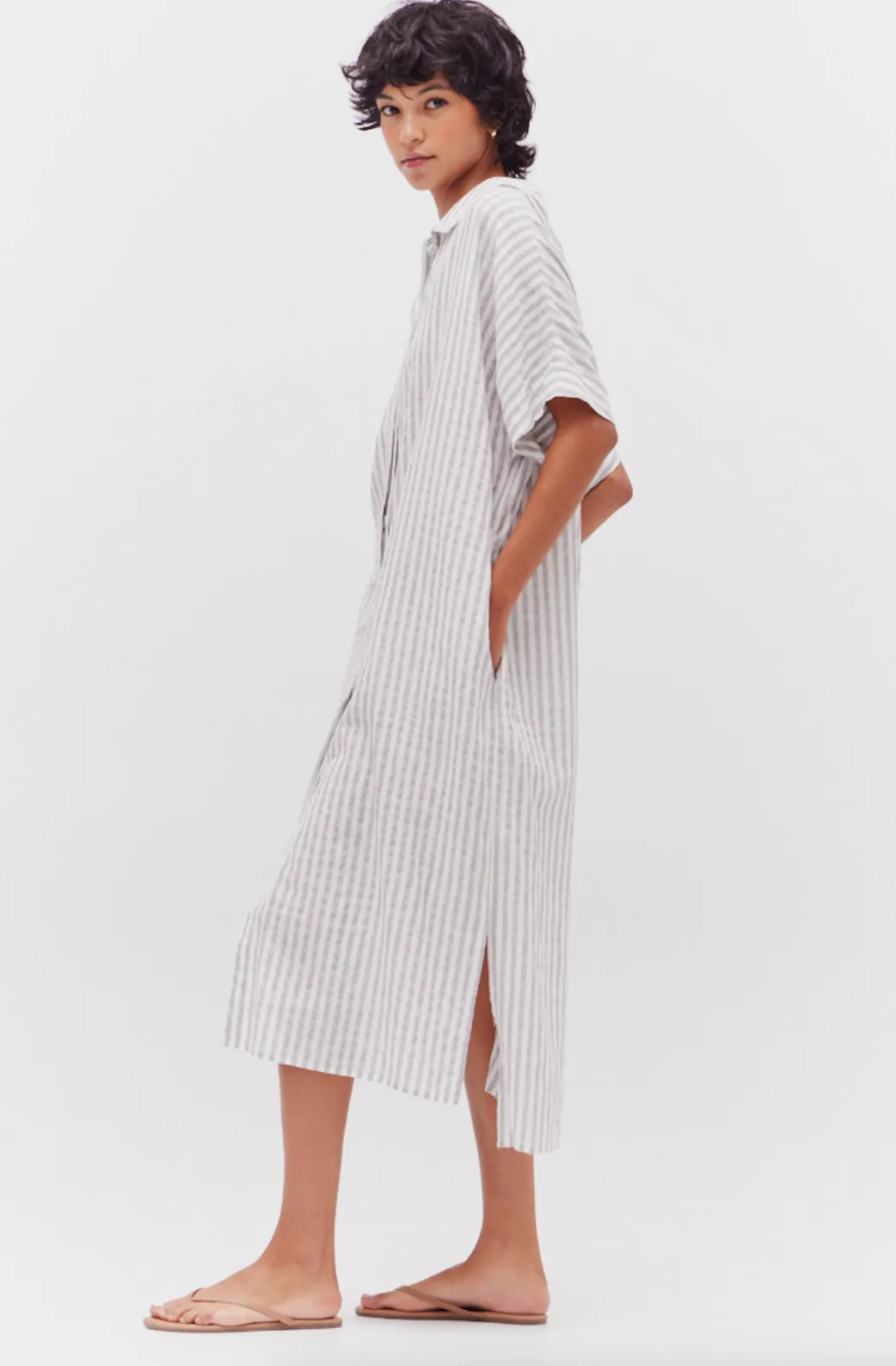 Button Down Stripe Midi Dress