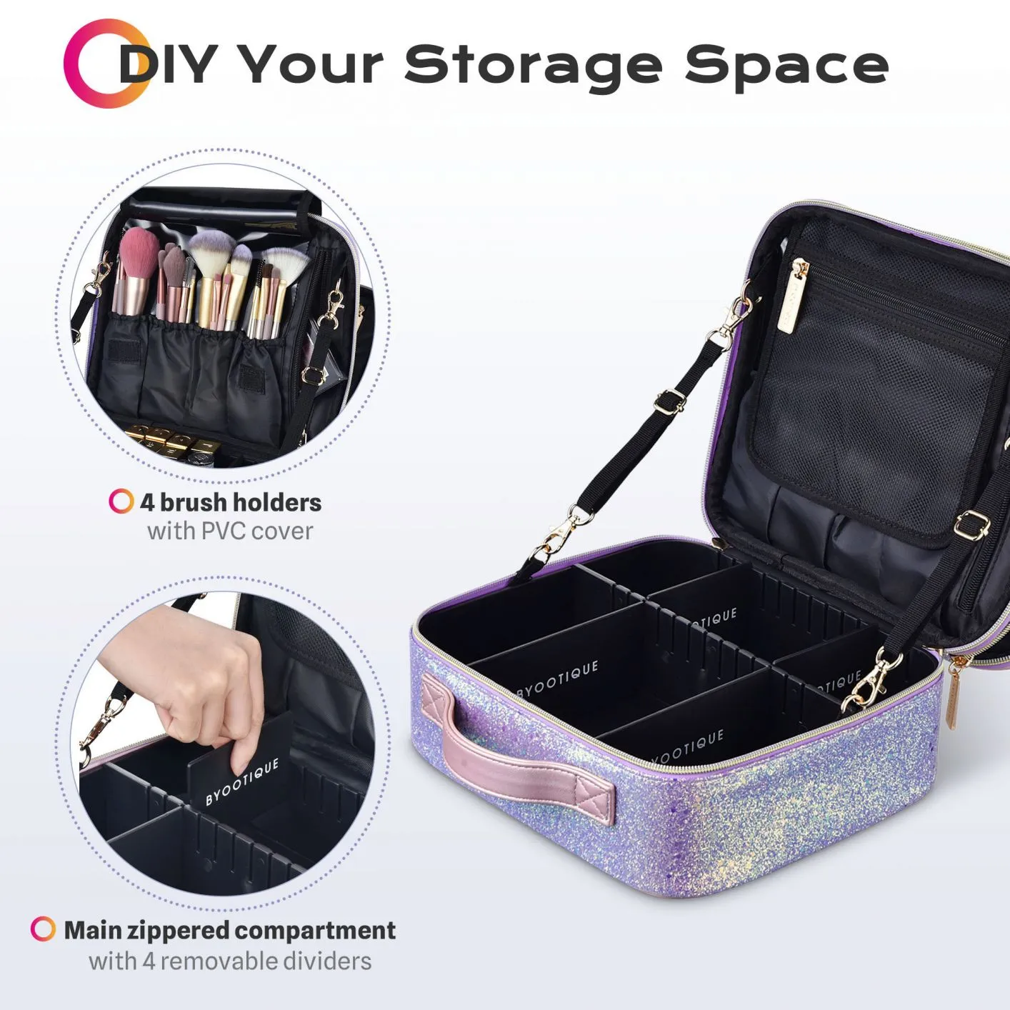 BYOOTIQUE Portable Glitter Makeup Train Case Brush Holder Cosmetic Bag Travel Purple