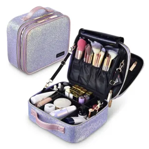 BYOOTIQUE Portable Glitter Makeup Train Case Brush Holder Cosmetic Bag Travel Purple