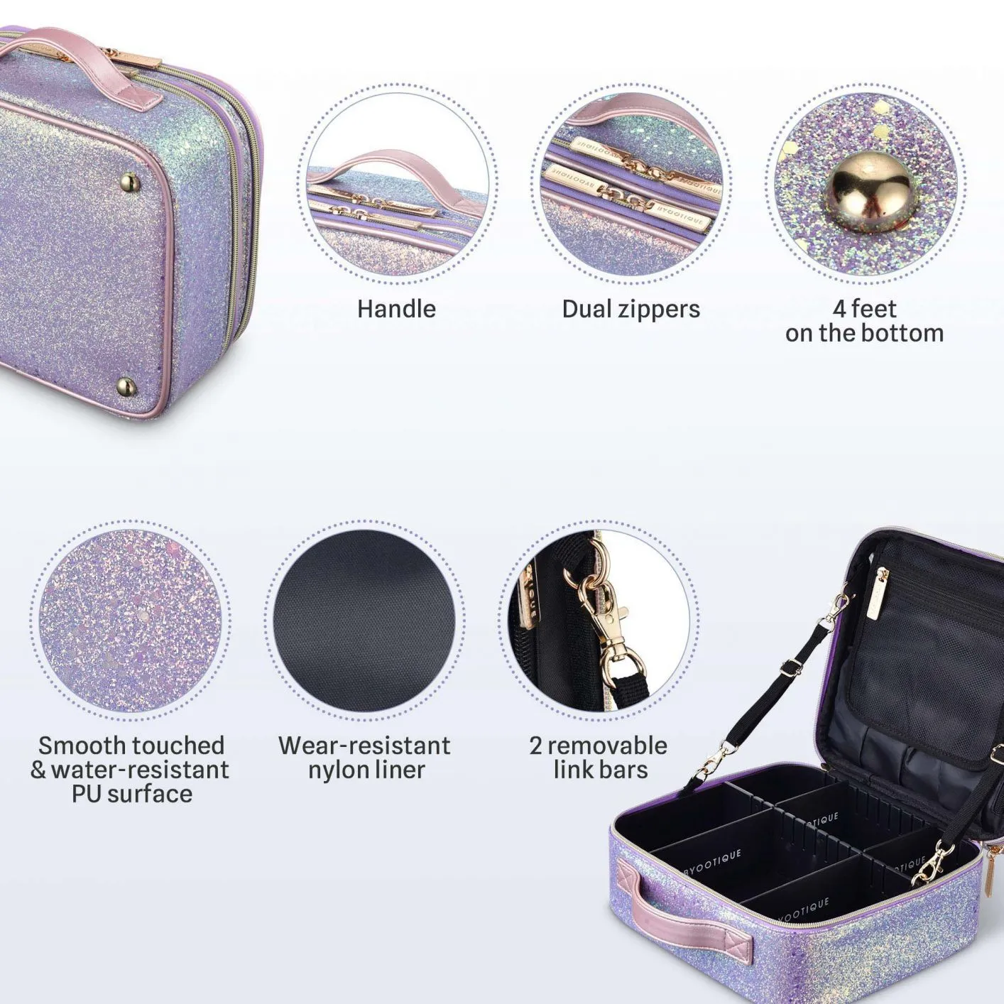 BYOOTIQUE Portable Glitter Makeup Train Case Brush Holder Cosmetic Bag Travel Purple