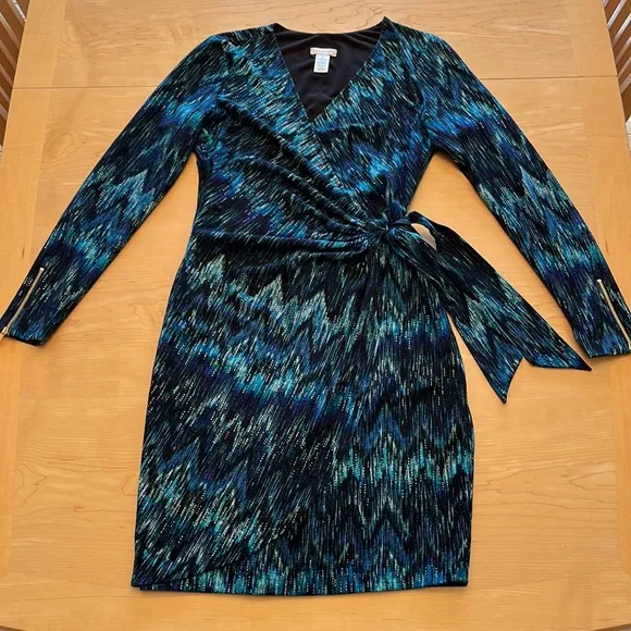 Cache Blue Zig Zag Print Faux Wrap Dress Sz M