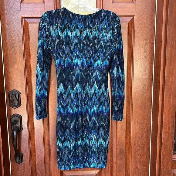 Cache Blue Zig Zag Print Faux Wrap Dress Sz M