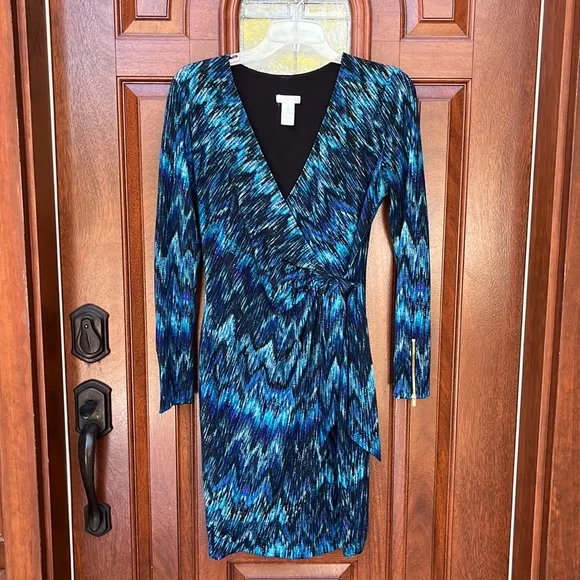 Cache Blue Zig Zag Print Faux Wrap Dress Sz M