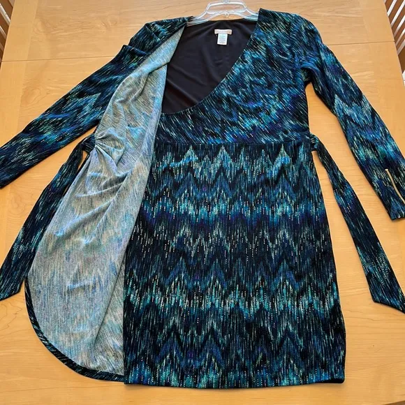 Cache Blue Zig Zag Print Faux Wrap Dress Sz M