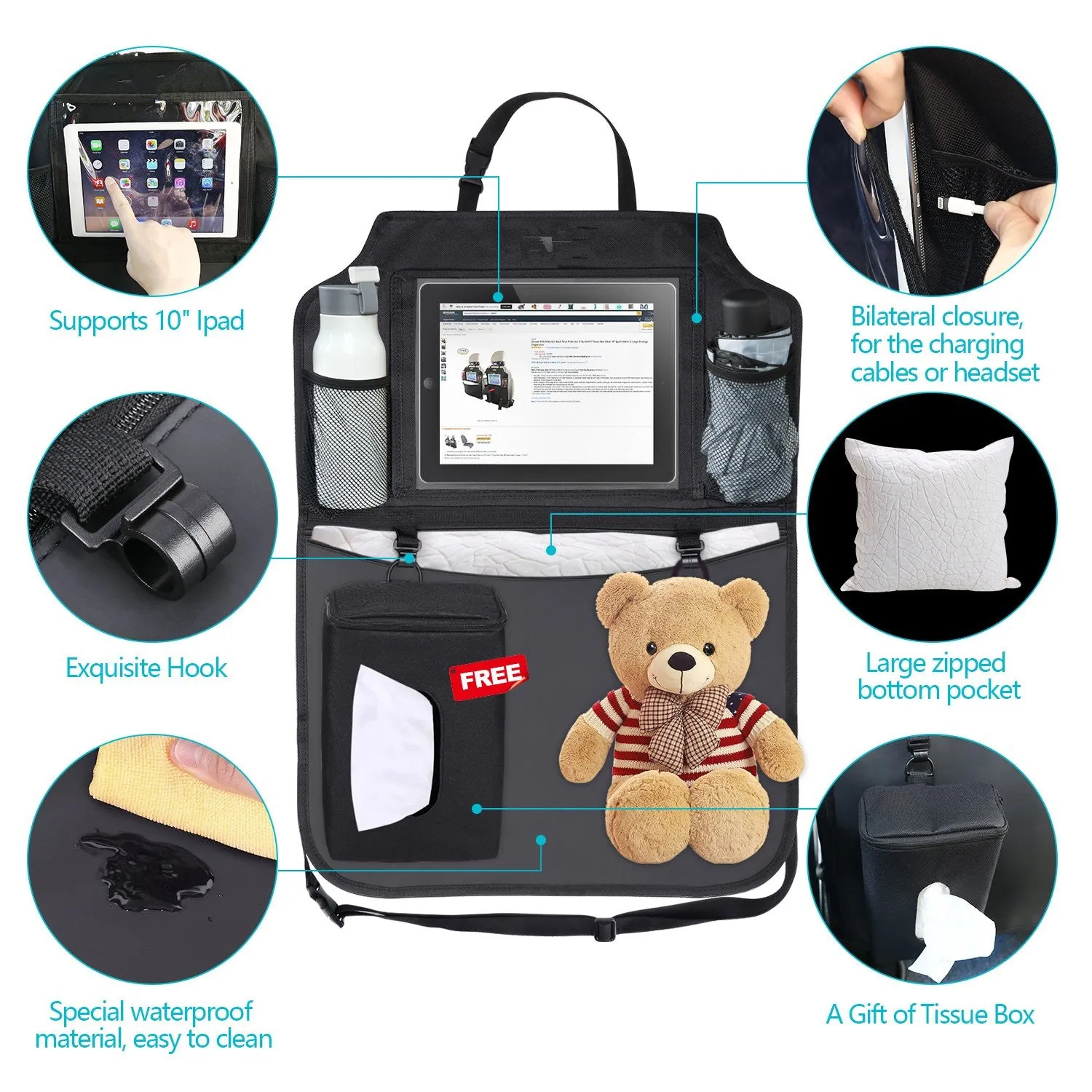 Car Organisers Waterproof Seat Back Protectors with 10
