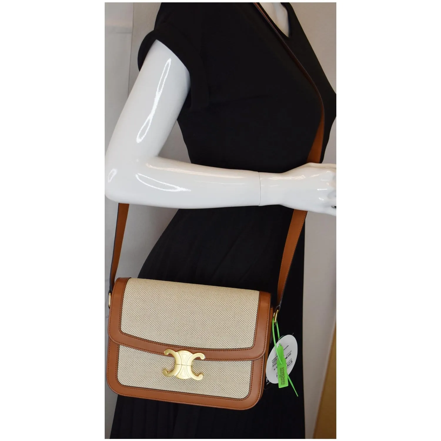 CELINE Triomphe Medium Leather Textile Shoulder Bag White