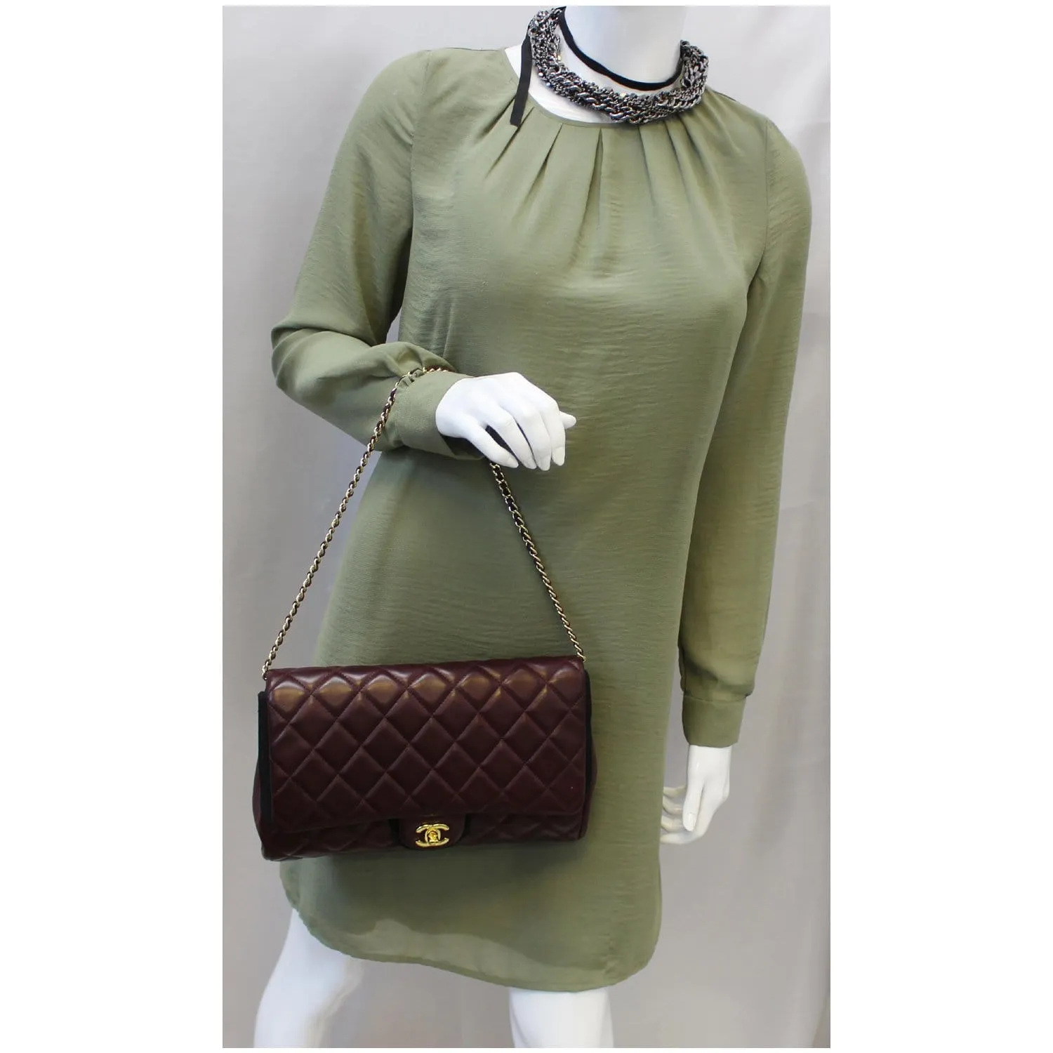 Chanel Clutch With Chain Quilted Flap Lambskin Shoulder Bag Burgundy