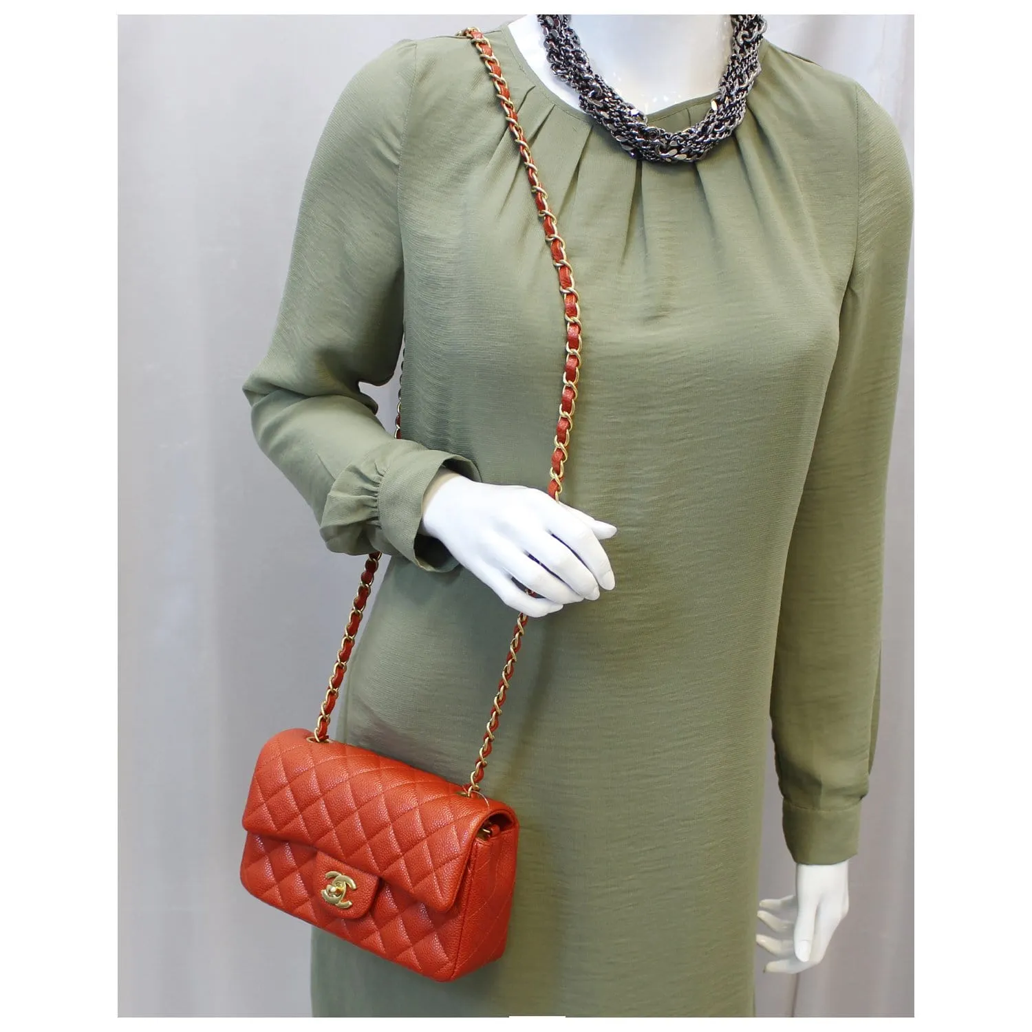 CHANEL Pearl Red Caviar Leather Mini Rectangular Flap Bag