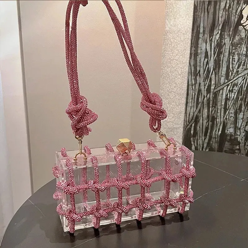 Charming Diamond Acrylic Clutch 💎✨ - Woven Knot Purse for Kawaii Weddings & Parties 🎉👛