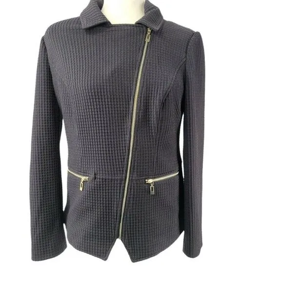 Chico's Black Moto Jacket Waffle Texture Animal Print Lined Asymmetrical New