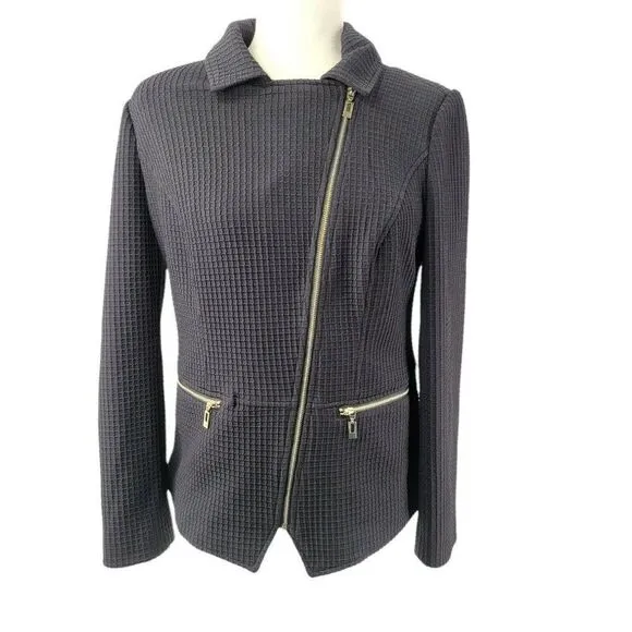 Chico's Black Moto Jacket Waffle Texture Animal Print Lined Asymmetrical New