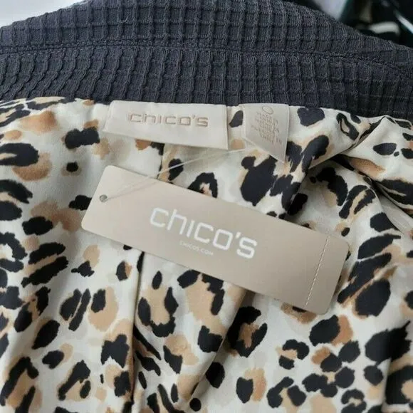 Chico's Black Moto Jacket Waffle Texture Animal Print Lined Asymmetrical New