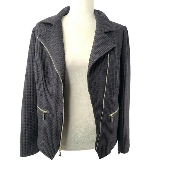 Chico's Black Moto Jacket Waffle Texture Animal Print Lined Asymmetrical New