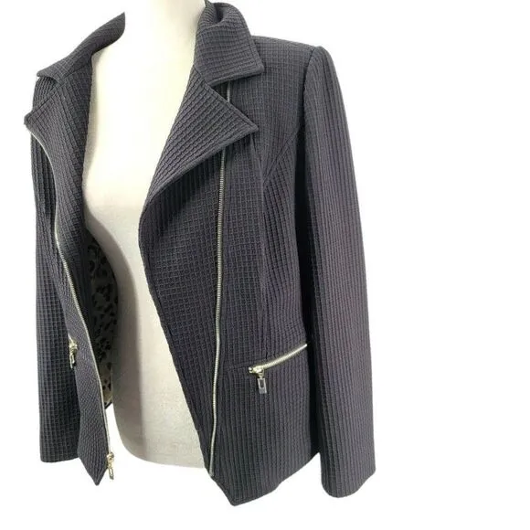 Chico's Black Moto Jacket Waffle Texture Animal Print Lined Asymmetrical New