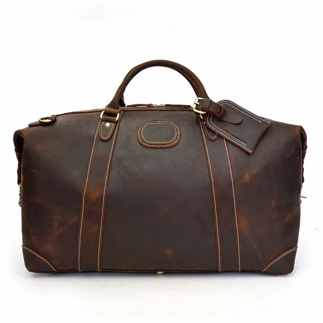 Classic Genuine Cowhide Leather Carry-On Weekender with Shoulder Strap