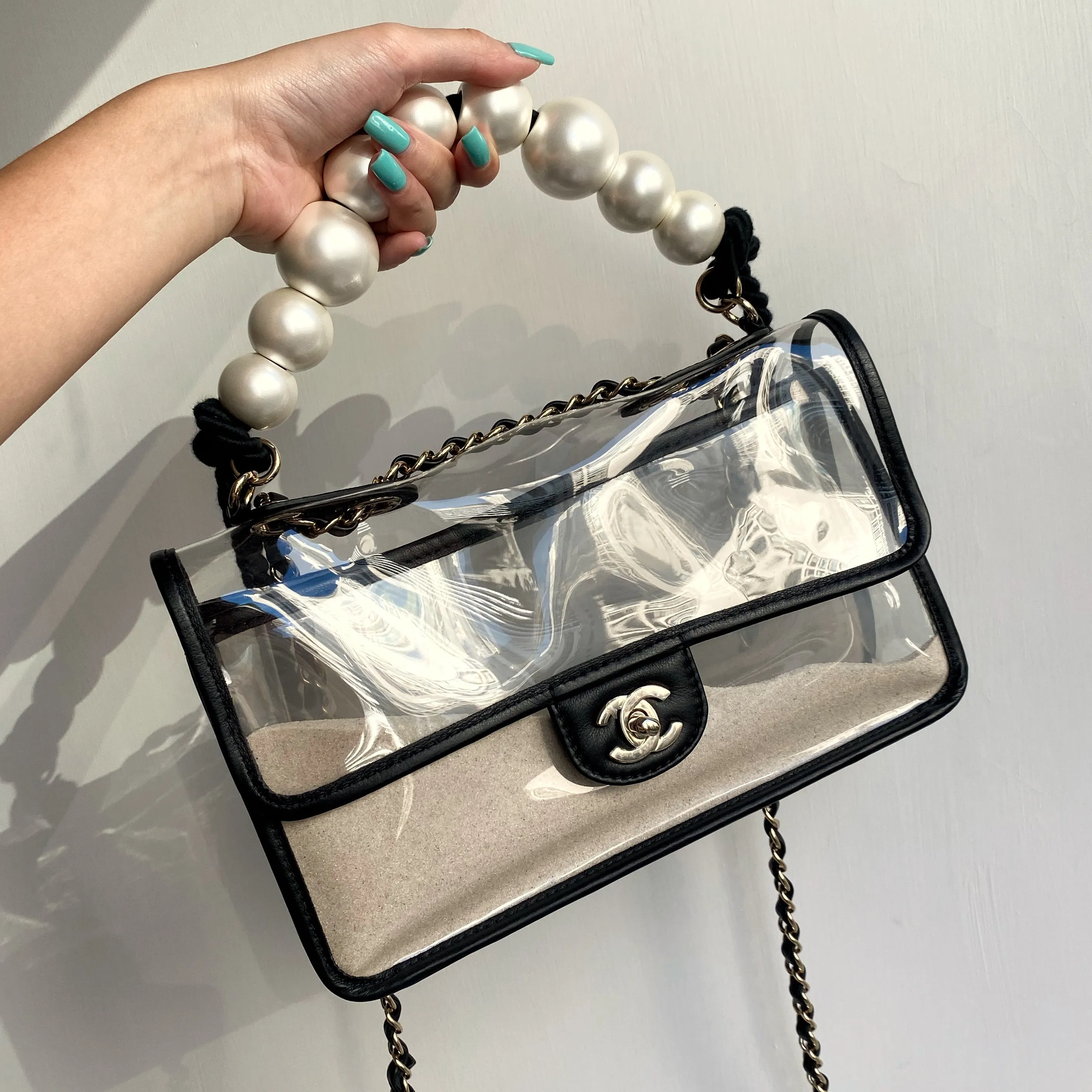 Coco Sand Pearl Strap PVC Medium Flap Bag