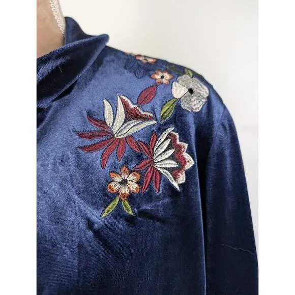 Colleen Lopez Blue Velvet Embroidered Flower Blazer Jacket Size 1X