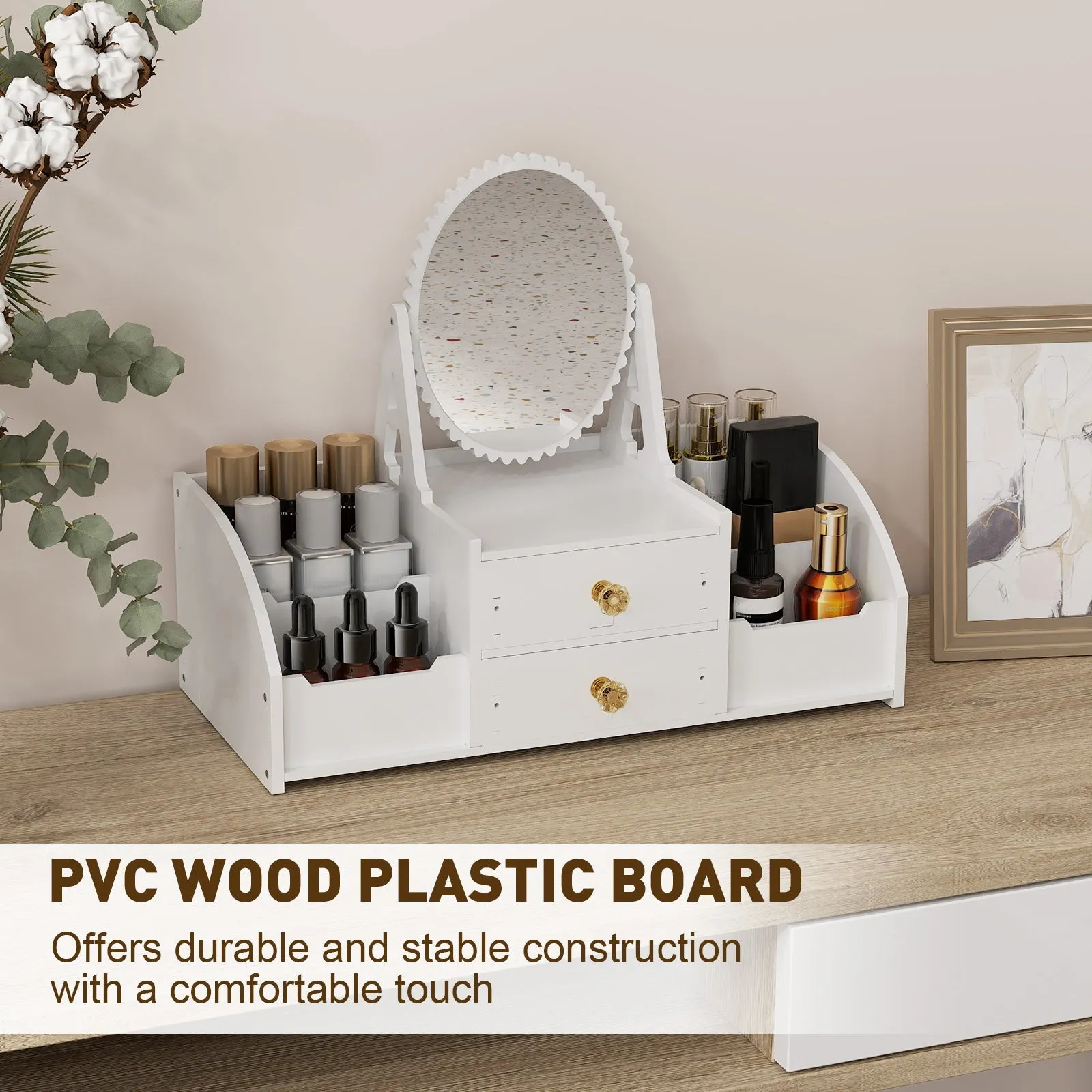 Cosmetics Storage for Vanity with Rotating Mirror, 2 Drawers and 4 Compartments Makeup Storage