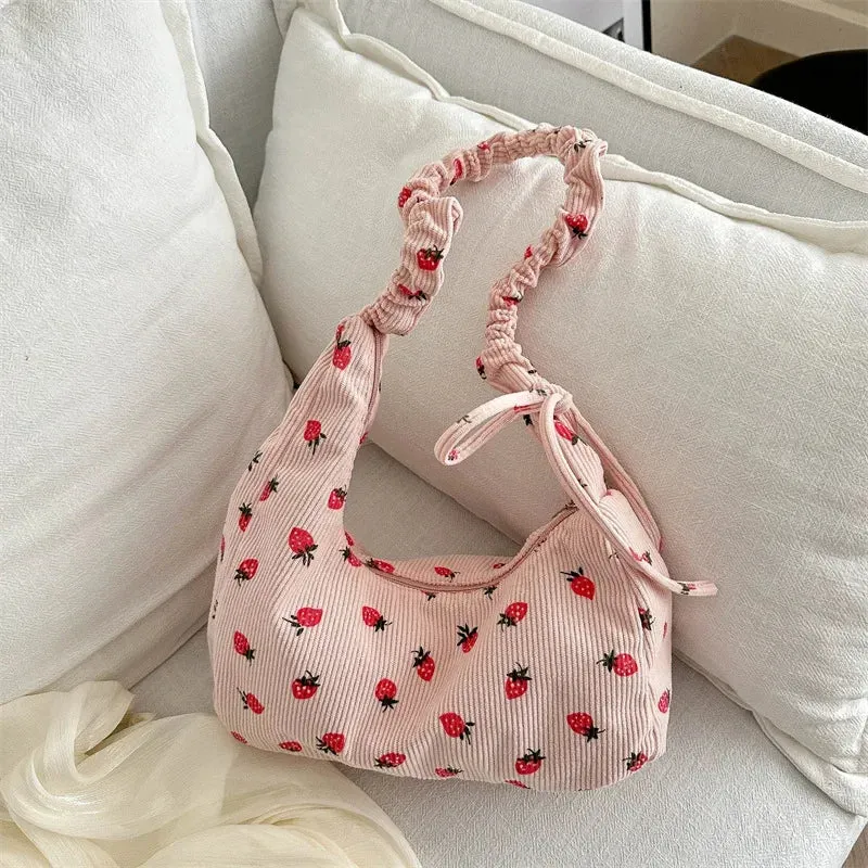 🍓Cute Corduroy Strawberry Shoulder Bag 🌟 Soft & Versatile Crossbody for Trendy Students! 💖