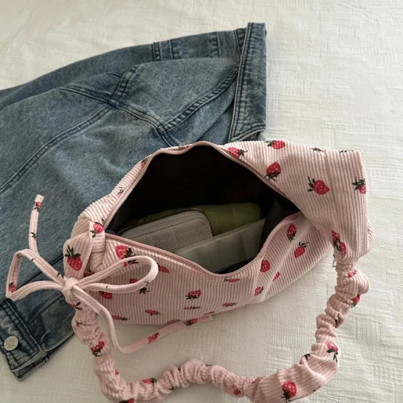 🍓Cute Corduroy Strawberry Shoulder Bag 🌟 Soft & Versatile Crossbody for Trendy Students! 💖