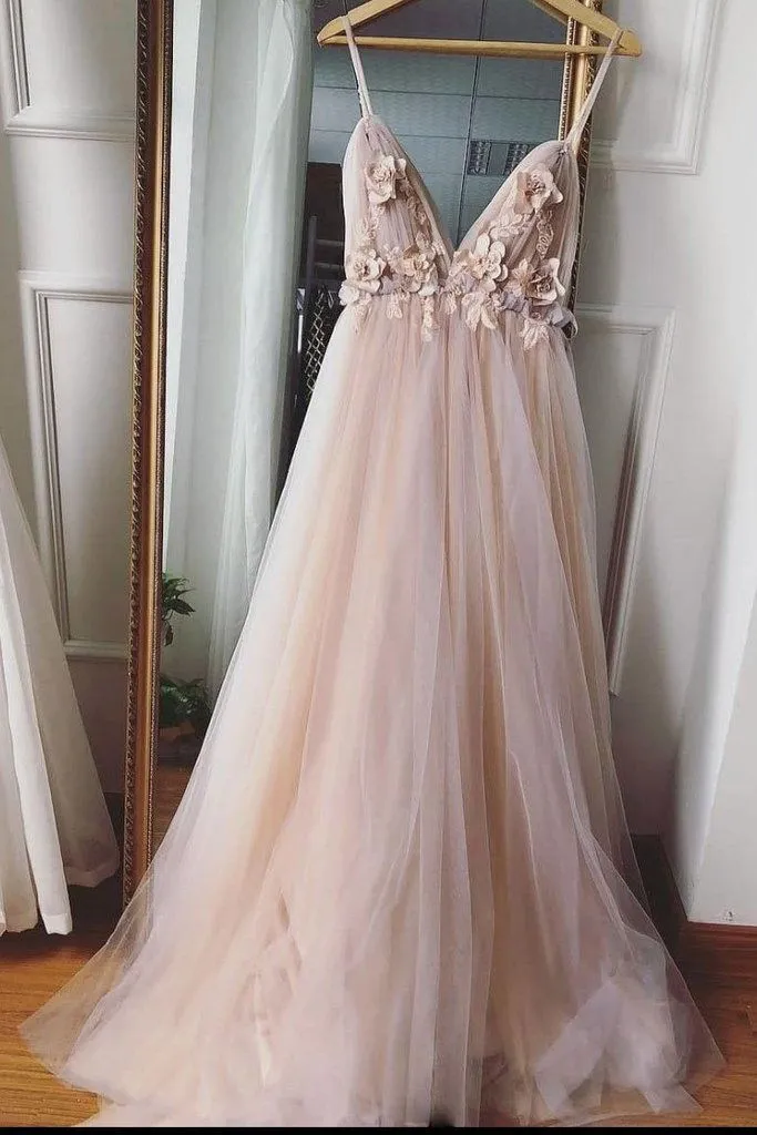 Dusty Pink Spaghetti Strap Floral Applique A-line Long Tulle Prom Dress, PD3162