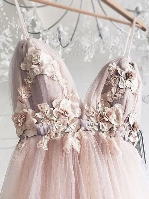 Dusty Pink Spaghetti Strap Floral Applique A-line Long Tulle Prom Dress, PD3162
