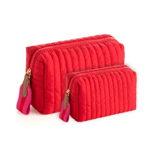 Ezra Quilted Nylon Boxy Cosmetic Pouch Set - Red