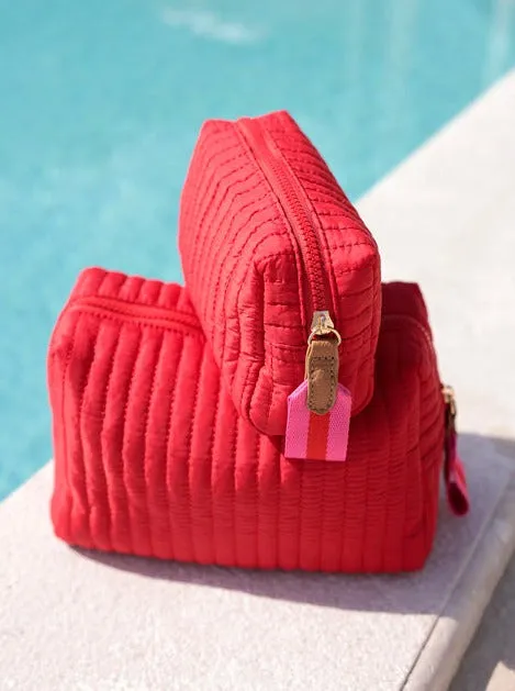 Ezra Quilted Nylon Boxy Cosmetic Pouch Set - Red